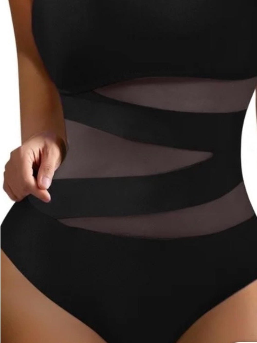 Strapless Black Mesh-Panel swimsuit